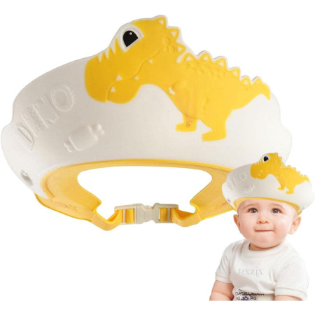 Cyrax Viziera de Protectie Baie Pentru Copii, Fippy, Model Dinozaur, Dimensiune ajustabila, Durabil, Usor de curatat, Impotriva Samponului, pentru Ochi si Urechi, TPE+PP, 22x21 cm, Galben