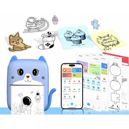 Mini Imprimanta Foto Portabila, Cyrax, Incarcare USB, Bluetooth, Model Pisicuta, Print Alb-Negru, Albastru