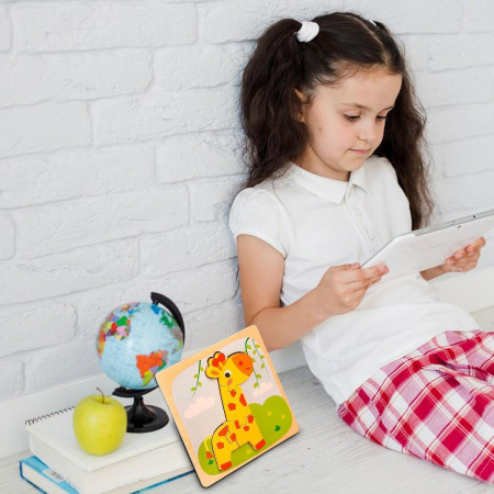 Puzzle Montessori din Lemn pentru Copii, Cyrax, 3D, 0-3 Ani, Model Girafa, Educativ, Intuitiv, Creativ, 4 Piese, 15x15x0.5 cm, Multicolor