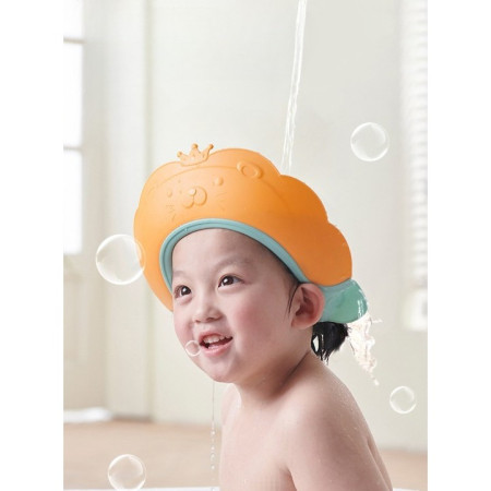 Cyrax Viziera de Protectie Baie Pentru Copii, Fippy, Model Coronita Leu, Dimensiune ajustabila, Durabil, Usor de curatat, Impotriva Samponului, pentru Ochi si Urechi, TPE+PP, 21x20.5 cm, Portocaliu