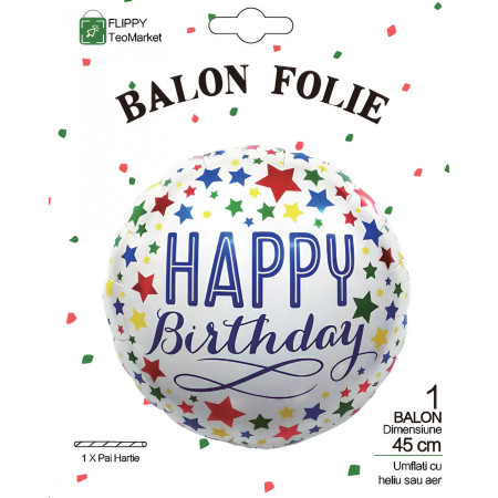 Balon din Folie Metalizata, Cyrax, Mini Figurina Rotunda, Model Happy Birthday, Tema Aniversare, 45 cm, Ambalaj Individual, Pai inclus, Umflare cu Aer sau Heliu, Multicolor