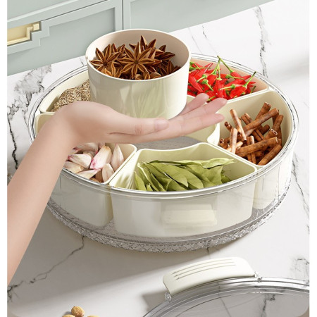 Cutie de Depozitare pentru Alimente, Cyrax, cu 6 Compartimente, pentru Condimente, Fructe, Legume, cu Manere de Prindere, Rotativa 360 de Grade, Inchidere Ermetica, 32x8 cm, Alba