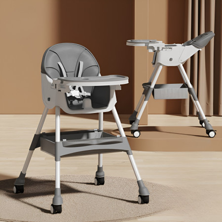 Scaun de Masa pentru Bebelusi si Copii, Cyrax, cu Roti, Telescopic, Pliabil, Masuta Reglabila, Suport Picioare, Scaun cu Invelis Piele Artificiala, Centura Siguranta, Spatiu Depozitare, 97x73x65 cm, Gri