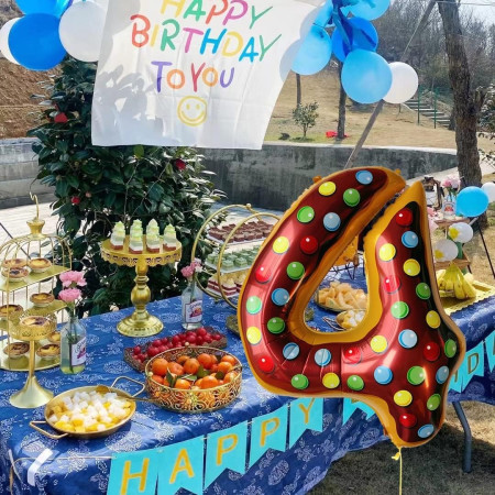 Balon din Folie Metalizata Cyrax, Figurina Cifra, Imprimeu Gogosi, Tema Aniversare 100 cm, Ambalaj Individual, Pai inclus, Umflare cu Aer sau Heliu, Multicolor, Cifra 4