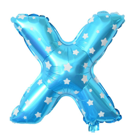 Balon Folie Metalizata Litera X, Cyrax, 40 cm, Cu Imprimeu Stelute, Umflati cu Heliu sau Aer, Ambalaj Individual, Pai inclus, Albastru
