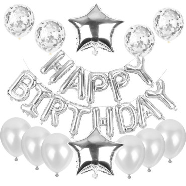 Cyrax Set baloane din folie metalizata si baloane din latex, baloane HAPPY BIRTHDAY, 4 baloane latex Confetti, 6 baloane latex Roz, 2 baloane folie Steluta, 40cm, Argintiu