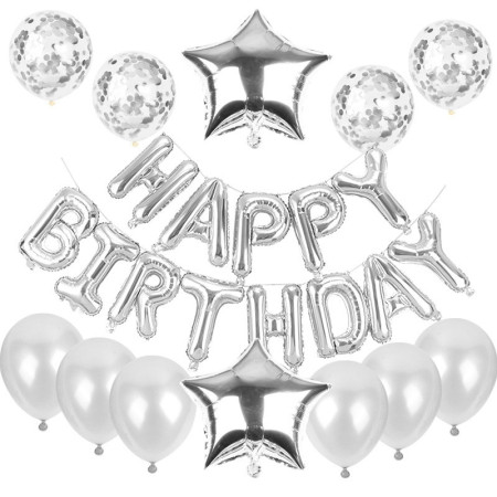 Cyrax Set baloane din folie metalizata si baloane din latex, baloane HAPPY BIRTHDAY, 4 baloane latex Confetti, 6 baloane latex Roz, 2 baloane folie Steluta, 40cm, Argintiu