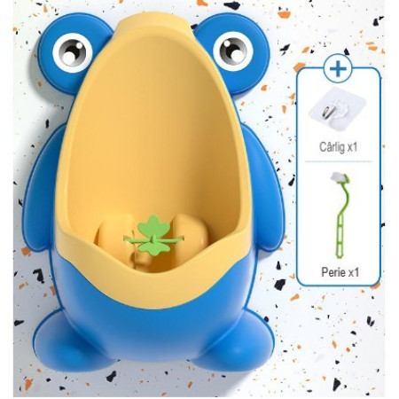 Pisoar pentru Baieti, Cyrax, 0-8 Ani, in Forma de Broasca, Perie Inclusa, Montare pe Perete, Carlig Autoadeziv Inclus, 29 x 22.5 cm, Albastru