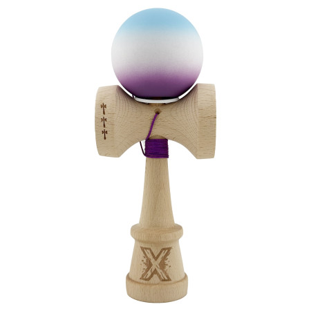 Kendama X Originala, Profesionala, Cyrax, Cupe Mari KING SIZE V3, Rubber Grip, Gaura in Baza, Rulment Metalic, din lemn 18 cm, Ata 62/65 cm, Gradient Albastru deschis/Alb/Mov