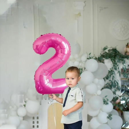 Balon din Folie Metalizata Cyrax, Figurina Cifra, Tema Aniversare 40 cm, Ambalaj Individual, Pai inclus, Umflare cu Aer sau Heliu, Roz, Cifra 2