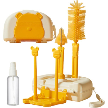 Set 7 Piese de Spalat/Uscat Biberoane, Cyrax, Portabil, Peri de Silicon, pentru Tetine, Suzete, Biberoane, Paie, Cutie Inclusa, 16 x 11 x 5 cm, Model Ursulet, Galben
