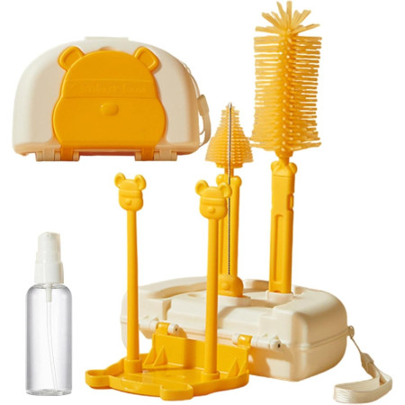 Set 7 Piese de Spalat/Uscat Biberoane, Cyrax, Portabil, Peri de Silicon, pentru Tetine, Suzete, Biberoane, Paie, Cutie Inclusa, 16 x 11 x 5 cm, Model Ursulet, Galben