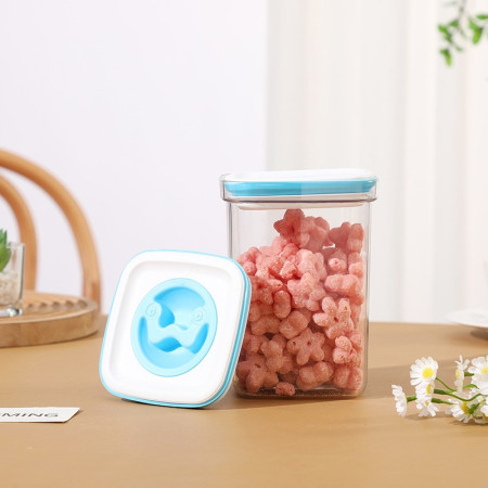 Set 5 Cutii de Depozitare pentru Bucatarie, Cyrax, 2 x 600ml, 2 x 1.3L, 1 x 2L, din ABS+PET+Silicon, Capac Alb/Albastru, 23 x 10 x 10 cm, Transparent