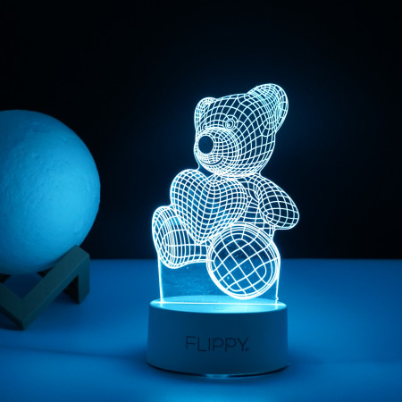 Lampa LED decorativa,  3D, ursulet, din material acril si lumina multicolora, alb