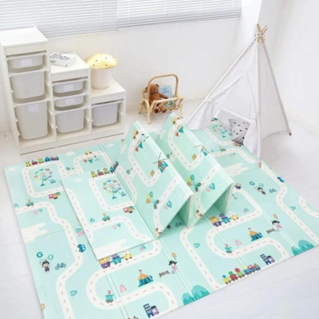 Covoras pentru Copii, Cyrax, cu 2 Fete, Model Oras/Safari, din XPE+PE, Impermeabil, Antiderapant, Protectie Termica, +3 Luni, Pliabil, 180 x 200 x 1 cm, Multicolor