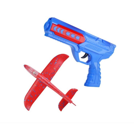 Pistol cu Lansator de Avion, Cyrax, din Polistiren+Plastic, +3 Ani, Avion 24 cm, Lansare 10 m, cu Lumini, Albastru/Rosu