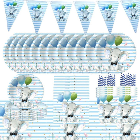 Set 10 Farfurii Unica Folosinta, Cyrax, Imprimeu Elefant, din Carton, 22 cm, Albastru