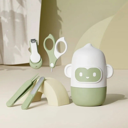 Set 4 Piese Ingrijire Unghii Bebelusi, Cyrax, din ABS+Otel Inoxidabil, Cutie de Depozitare Tip Maimuta, de la 0 Luni, Verde