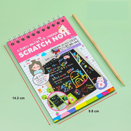 Caiet cu fise razuibile Cyrax, DIY Magic Scratch, 12 File, Curcubeu, Creion din Lemn, Cartonase negre, 14.2 x 9.8 cm, Roz deschis