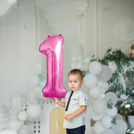 Balon din Folie Metalizata Cyrax, Figurina Cifra, Tema Aniversare 80 cm, Ambalaj Individual, Pai inclus, Umflare cu Aer sau Heliu, Roz, Cifra 1