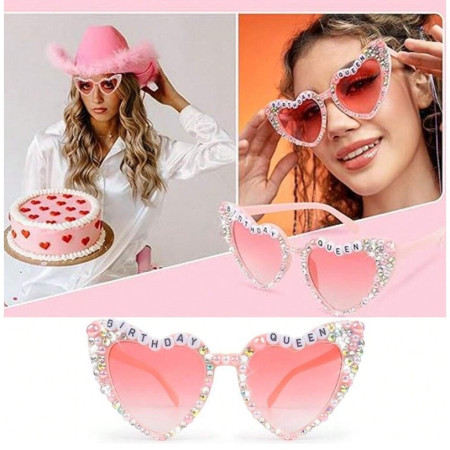 Ochelari Decorativi, Cyrax, Model Birthday Queen, cu Diamante, pentru Aniversari, din PC, 15.3 x 5.7 x 14.5 cm, Roz