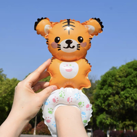 Balon din Folie Metalizata, Cyrax, Figurine Animalute, Tip Bratara, Model Tigru, Ambalaj Individual, Pai Inclus, Umflare cu Aer sau Heliu, Portocaliu