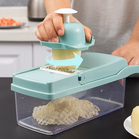 Feliator Multifunctional, Cyrax, Razatoare, 8 in 1, pentru Fructe si Legume, 10 Piese, Lame de Inox, Recipient Stocare, Separator Oua, Protectie Mana, ABS, 32.2x11.3 cm, Albastru/Alb