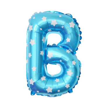 Balon Folie Metalizata Litera B, Cyrax, 40 cm, Cu Imprimeu Stelute, Umflati cu Heliu sau Aer, Ambalaj Individual, Pai inclus, Albastru