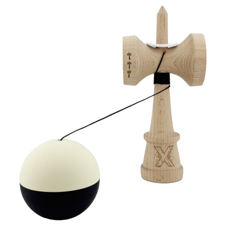 Kendama X Originala, Profesionala, Cyrax, Rubber Grip, Cupe Mari KING SIZE V3, Gaura in Baza, Rulment Metalic, din lemn 18 cm, Ata 62/65 cm, Bicolor Galben/Negru