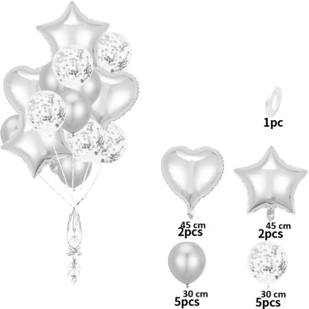 Set 14 Baloane din Folie Metalizată si din Latex, Cyrax, Figurine Stea si Inima 45 cm, Baloane Latex 30 cm, Tema Buchet, Ambalaj Individual, Pai Inclus, Umflare cu Aer sau Heliu, Argintiu