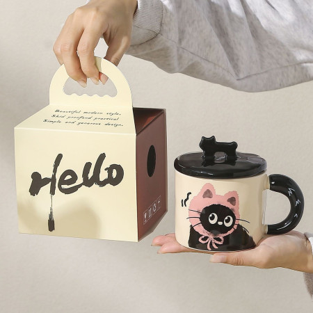 Cana din Ceramica, Cyrax, Model in Cutie pentru Cadou, Cana pentru Ceai, Cafea, Cana Retro Design Capac cu Figurina 3D, 9.5 x 8 x 8 cm, 360 ml, Bej, Print Pisica Roz Negru