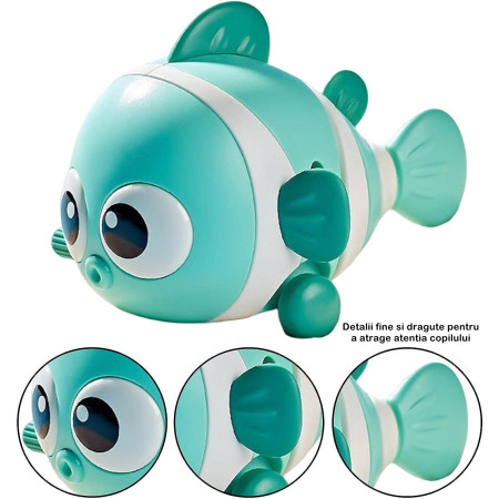 Jucarie mecanica pentru copii Cyrax, pestisor haios, cu cheita, distractiv, se taraste, se misca, 11 x 9 x 7.5 cm cm, verde