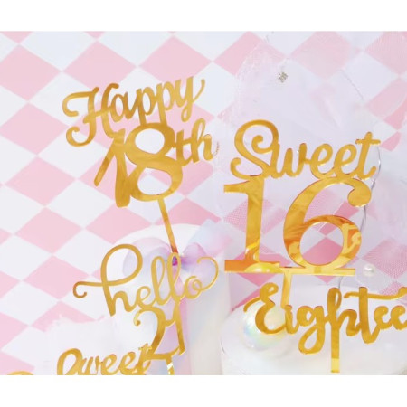 Decoratiune Topper pentru Tort, Cyrax, Model Happy18th, Dimensiuni 10 cm, Tematica Majorat, Auriu