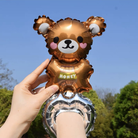 Balon din Folie Metalizata, Cyrax, Figurine Animalute, Tip Bratara, Model Ursulet, Ambalaj Individual, Pai Inclus, Umflare cu Aer sau Heliu, Maro