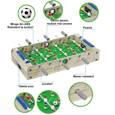 Masa de Fotbal cu Teren si 18 Jucatori Cyrax, 6 Manere, cu Tablou pentru Scor, din Metal, Lemn si ABS, 81 x 43 x 78 cm, cu Picioare, pentru copii/adulti, Gri