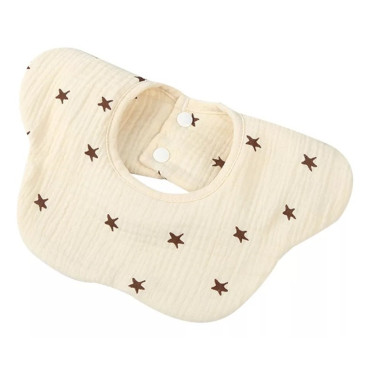 Baveta Tip Floare, Cyrax, din Bumbac, pentru Copii 0-12 Luni, Rezistenta la apa, cu Capse, Model cu Stelute, 26 x 29 cm, Crem