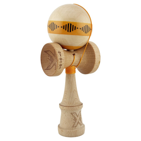 Kendama X FREQUENCY Originala, Profesionala, Cyrax, Big Cups V2, Super Sticky cu Cupe Mari, Rulment Metalic, din lemn 18 cm, Ata 55 cm, Portocaliu/Maro