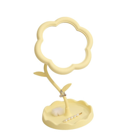 Oglindă de Machiaj pentru Birou, Cyrax, Rotativă, Detasabilă, Model de Floarea Soarelui, Suport pentru Inele, cu Depozitare, Galbena