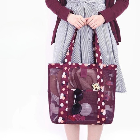 Geanta de Plaja, Cyrax, din Plasa Transparenta, Imprimeu Floral, 43 x 10 x 33 cm, Model pentru Umar, Lungime Inferioara 33 cm, Burgundy