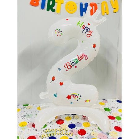 Balon din Folie Metalizata, Cyrax, Figurina Cifra, Model 2 cu Happy Birthday Scris, Tema Aniversare 81 cm, Ambalaj Individual, Pai Inclus, Umflare cu Aer sau Heliu, Alb