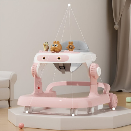 Premergator Multifunctional cu Roti Cyrax, Model Iepuras, Inaltime Ajustabila, Tavita, Muzica, Lumini, 66x59x41 cm, Roz