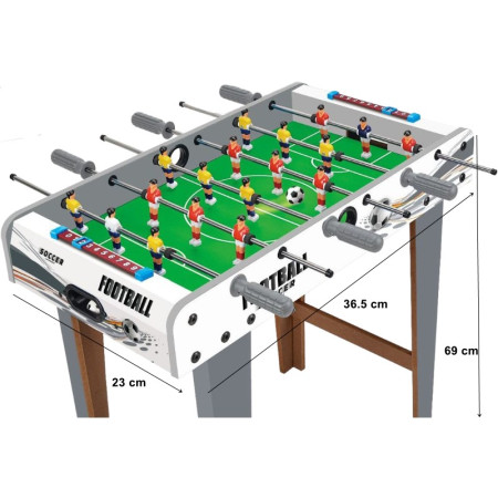Masa de fotbal cu teren si 18 jucatori Cyrax, 6 manere, cu Tablou Scor, din Metal, Lemn si ABS, 69 x 36.5 x 23 cm, cu Picioare, Design Multicolor, pentru copii/adulti
