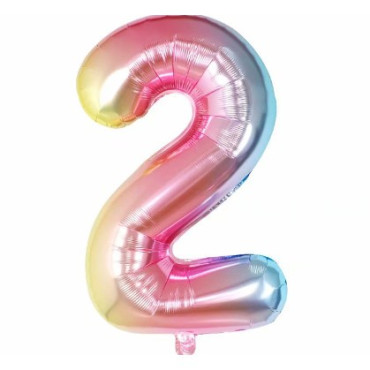 Balon din Folie Metalizata Cyrax, Figurina Cifra Gradient, Tema Aniversare 40 cm, Ambalaj Individual, Pai inclus, Umflare cu Aer sau Heliu, Multicolor, Cifra 2
