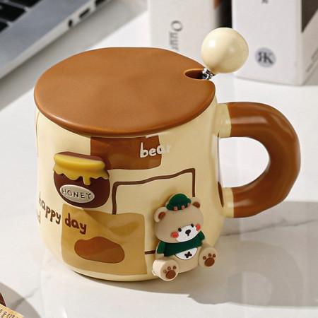 Cana din Ceramica, Cyrax, Model Urs pentru Baieti, Cana Universala, Cana pentru Ceai, Cana cu Lingura Metalica si Capac, 9.6 x  9.5 x 9.5 cm, 400 ml Bej