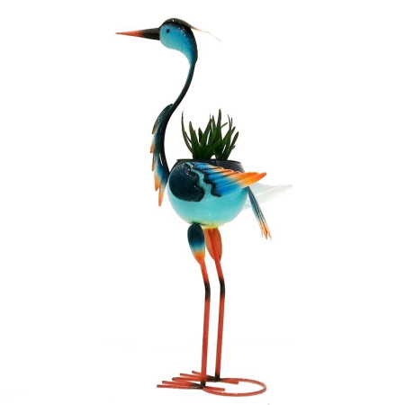 Decoratiune pentru Gradina,  Flamingo pentru Gradina cu Suport pentru Plante Flori, Ornament de Ghiveci de Flori, Model Flamingo, din Fier, 71 x 34 x 22 cm, Albastru