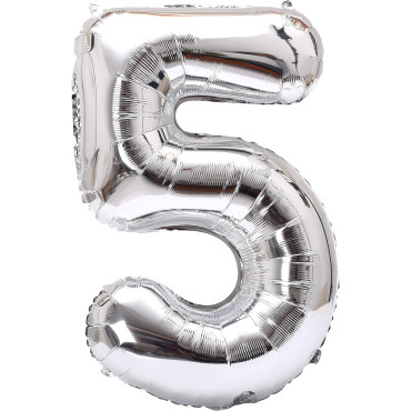 Balon din Folie Metalizata Cyrax, Figurina Cifra, Tema Aniversare 40 cm, Ambalaj Individual, Pai inclus, Umflare cu Aer sau Heliu, Argintiu, Cifra 5