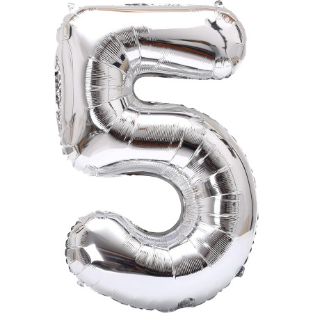 Balon din Folie Metalizata Cyrax, Figurina Cifra, Tema Aniversare 40 cm, Ambalaj Individual, Pai inclus, Umflare cu Aer sau Heliu, Argintiu, Cifra 5