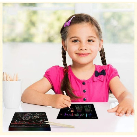 Set 100 de Foi de Hartie de Razuit, Cyrax, cu Creion din Bambus, pentru Desen, 8.5 x 8.5, Curcubeu, Negru