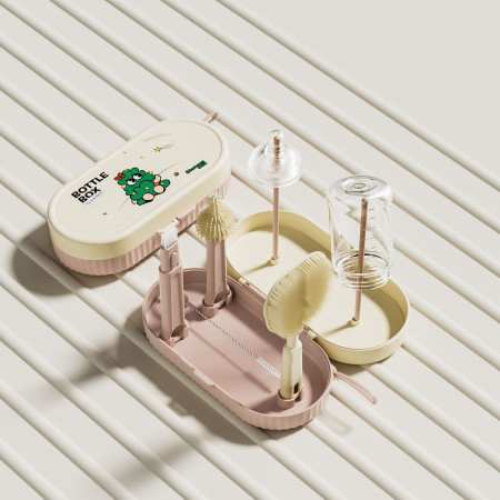 Set 7 Piese de Spalat/Uscat Biberoane, Cyrax, Portabil, Peri de Silicon, pentru Tetine, Suzete, Biberoane, Paie, Cutie Inclusa, 20 x 9.5 cm, Roz