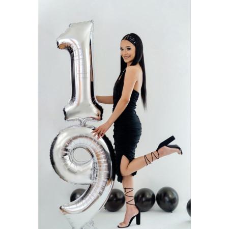 Balon din Folie Metalizata, Cyrax, Figurina Cifra, Tema Aniversare 100 cm, Ambalaj Individual, Pai inclus, Umflare cu Aer sau Heliu, Argintiu, Cifra 9